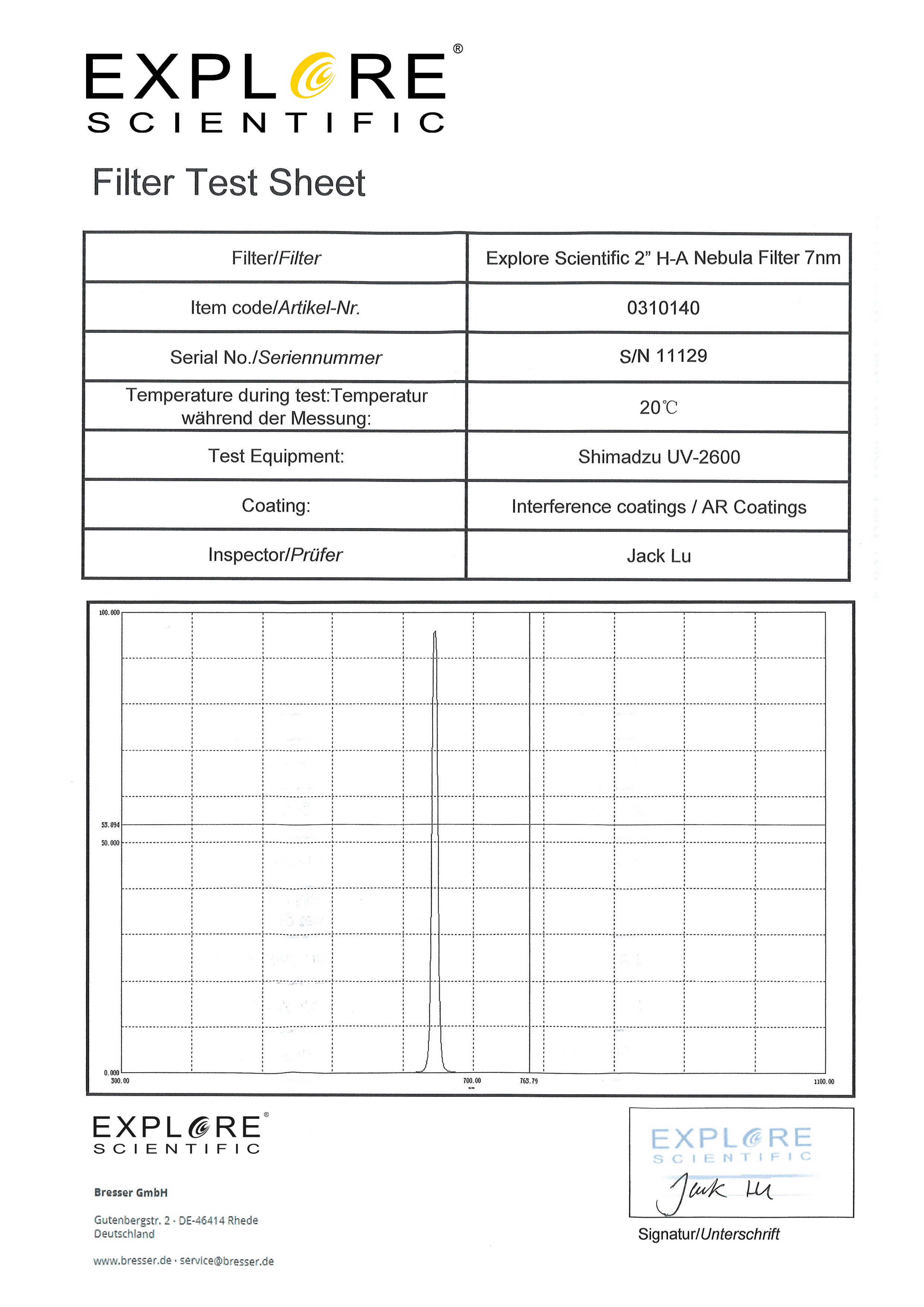 Filtro nebulare H-Alpha EXPLORE SCIENTIFIC 2" 7nm