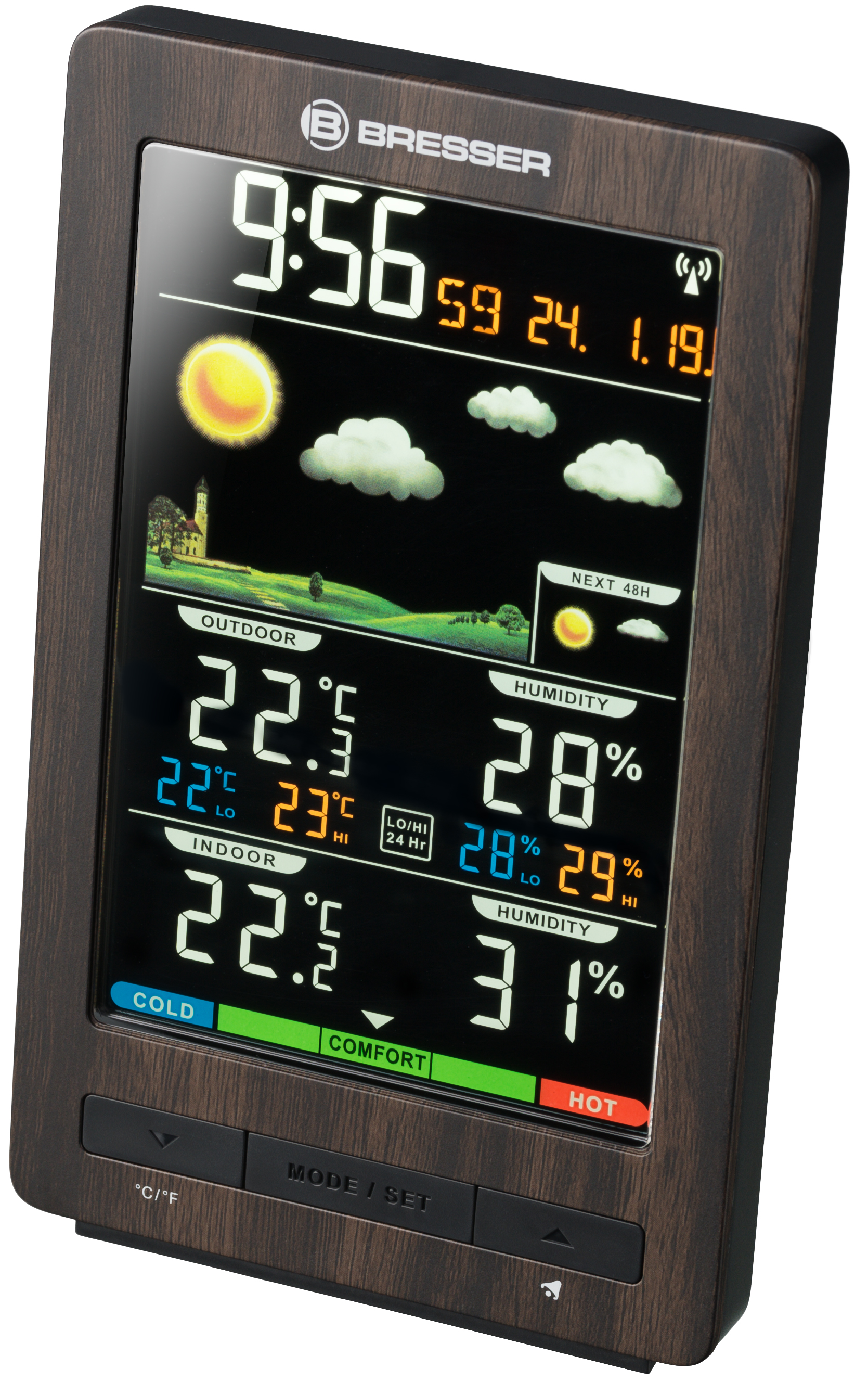 Stazione meteo radiocontrollata BRESSER ClimaTrend WS con display a colori in effetto legno