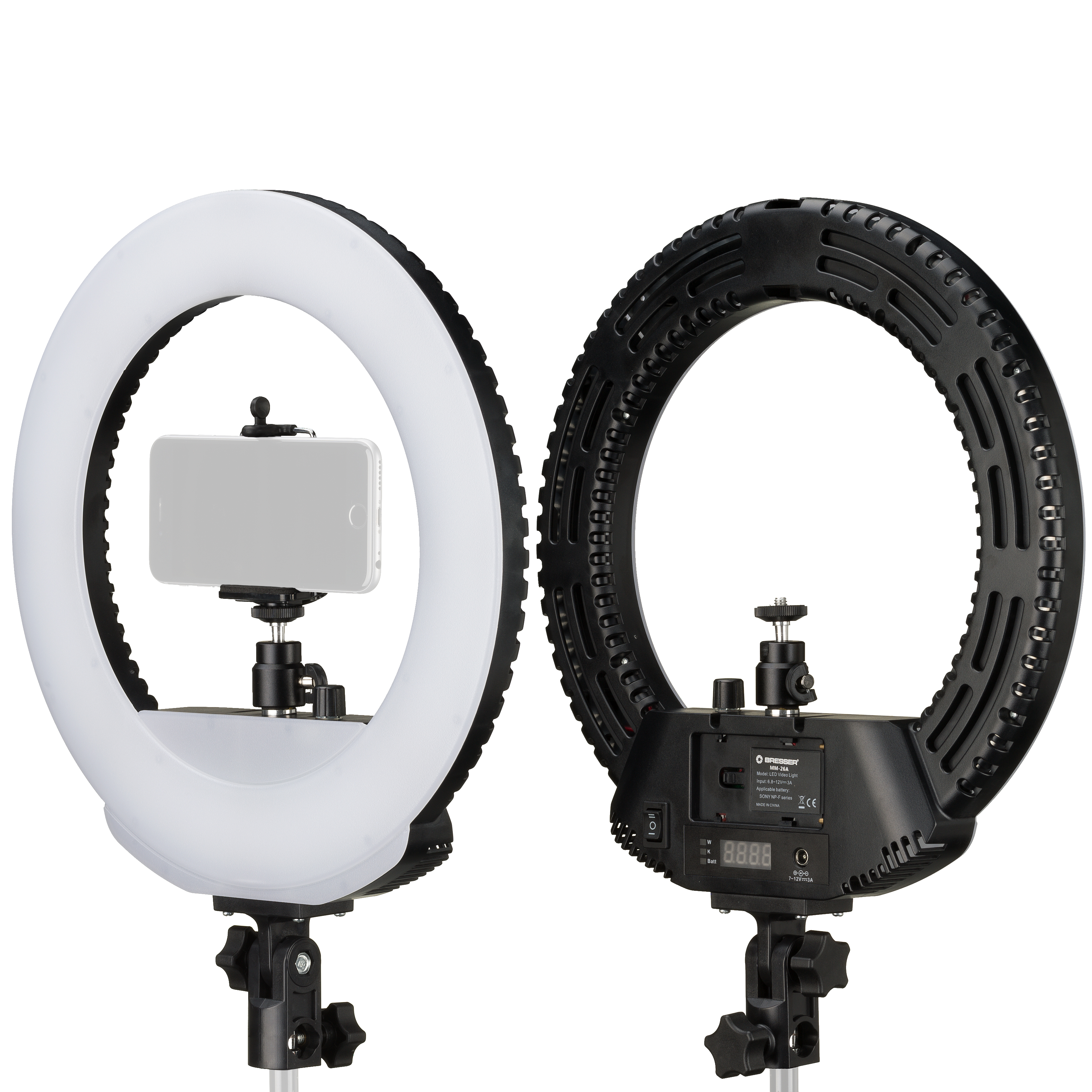 Lampada ad anello a LED BRESSER MM-26A bicolore a 24 W regolabile con supporto per fotocamera e smartphone e scatto remoto